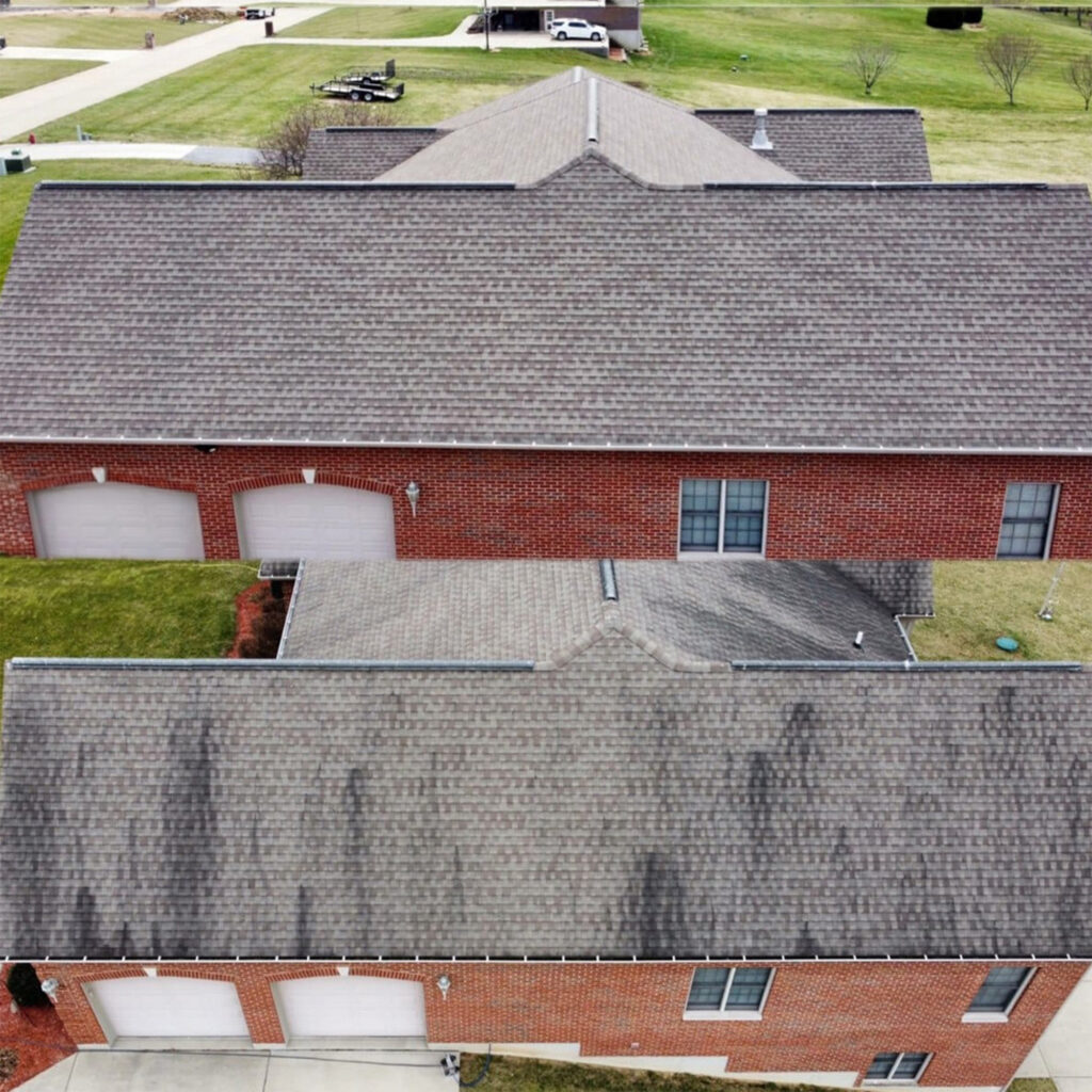 Black Streaks on Roofs: Why Pressure Washing Makes Them Worse Black streaks on roofs | before and after