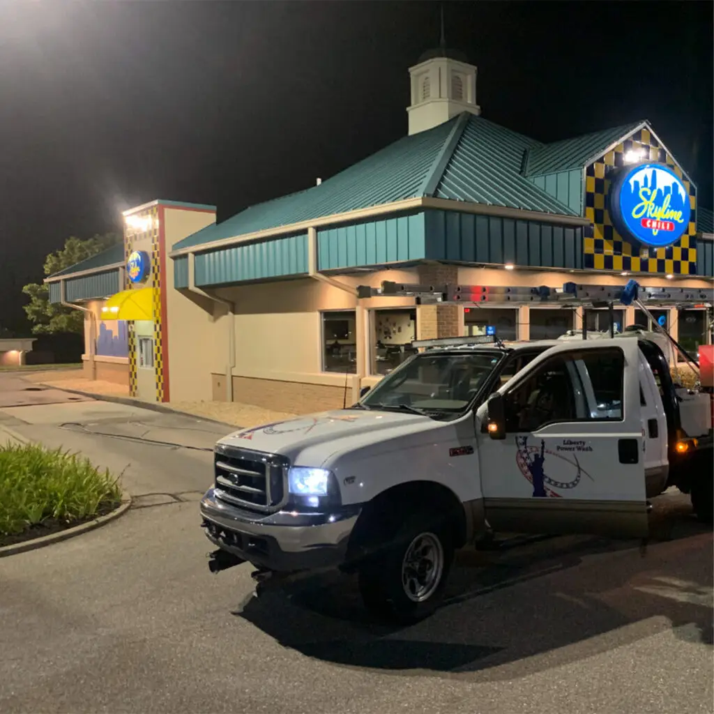 5 Signs You Need Professional Pressure Washing Services Near Me This Summer Pressure washing services near me - nighttime storefront exterior cleaning