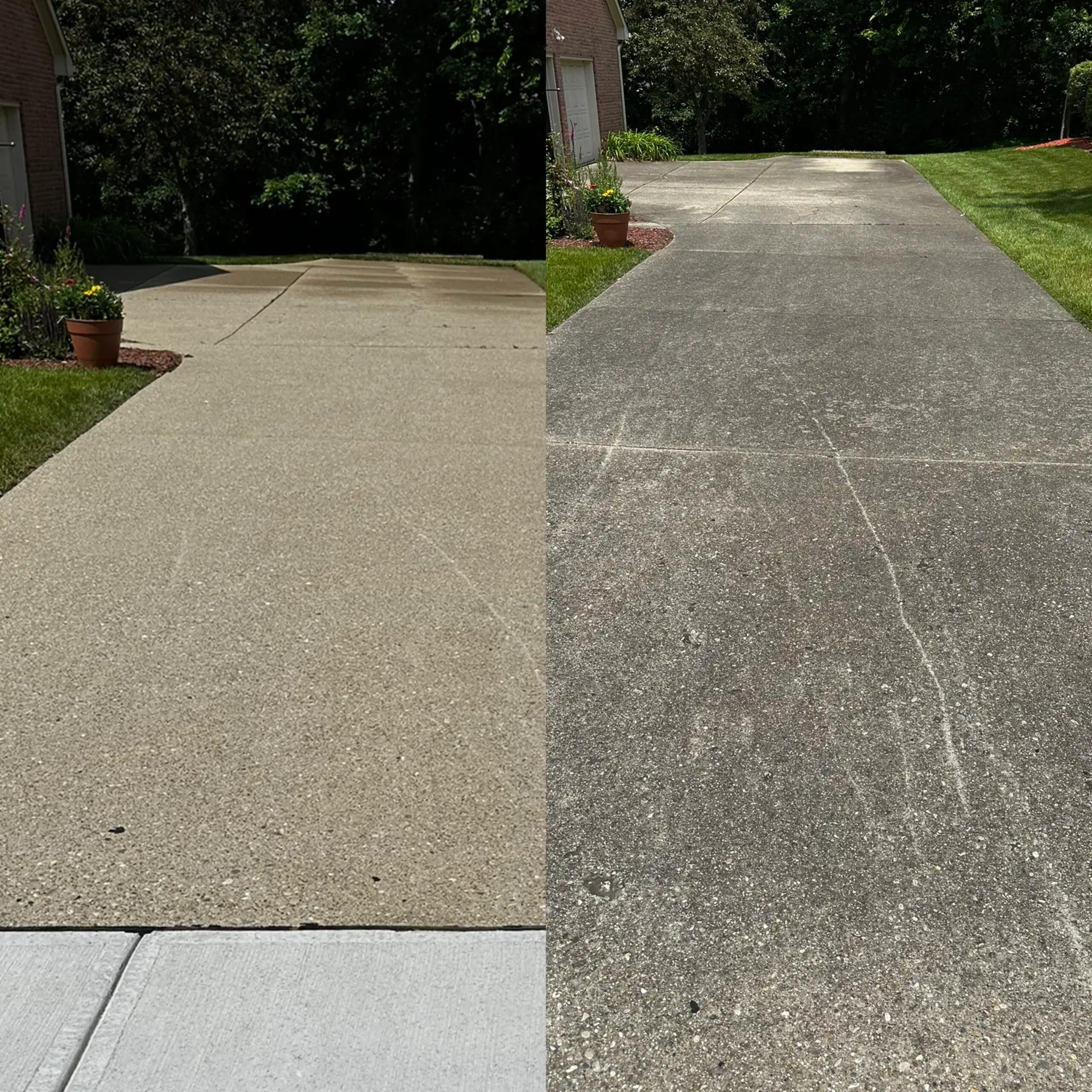 Concrete Cleaning Before and after concrete driveway cleaning removing dirt and algae staining in Walton, KY