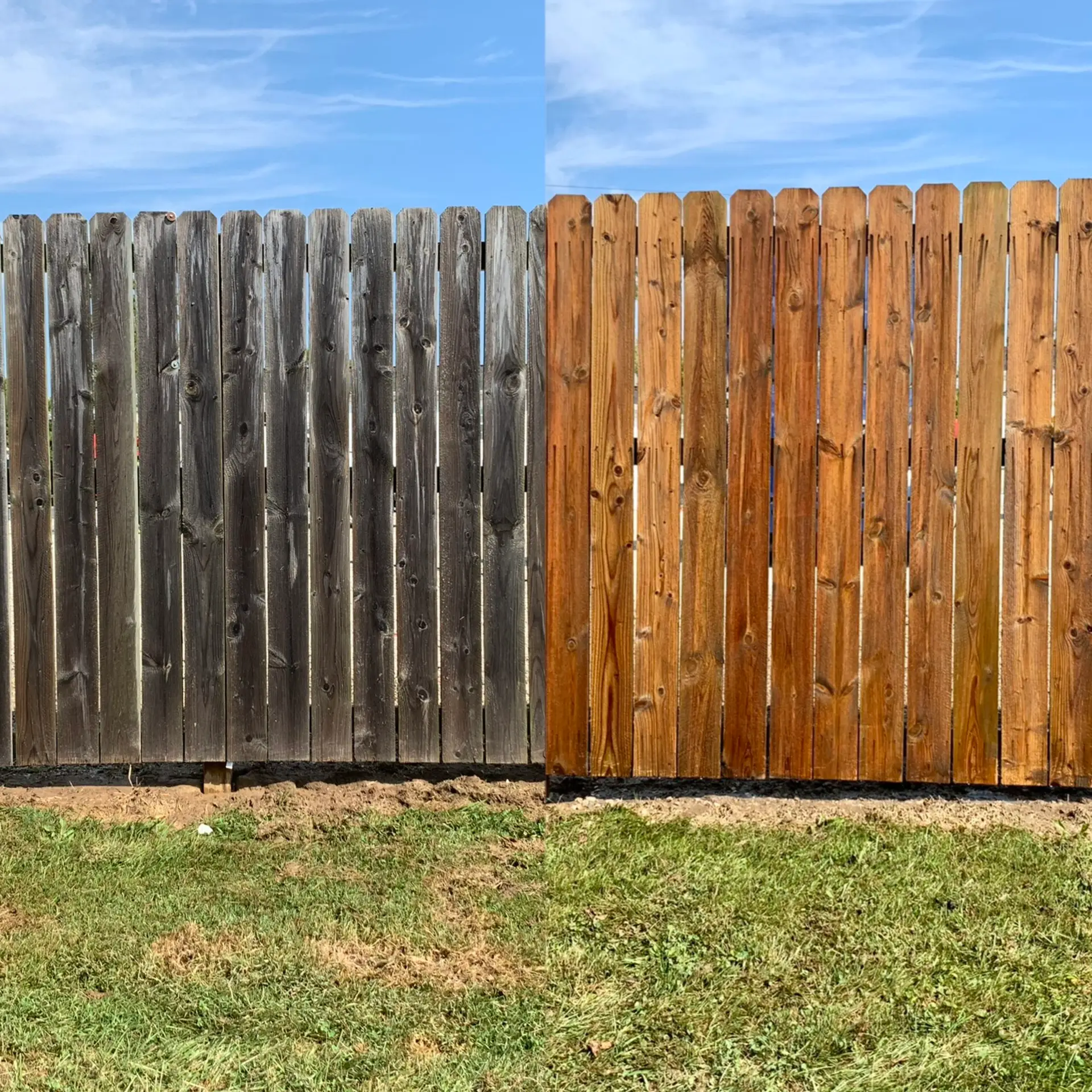 Fence Cleaning Before and after wood fence staining showing weathered gray wood restored to a warm brown tone in Covington, KY