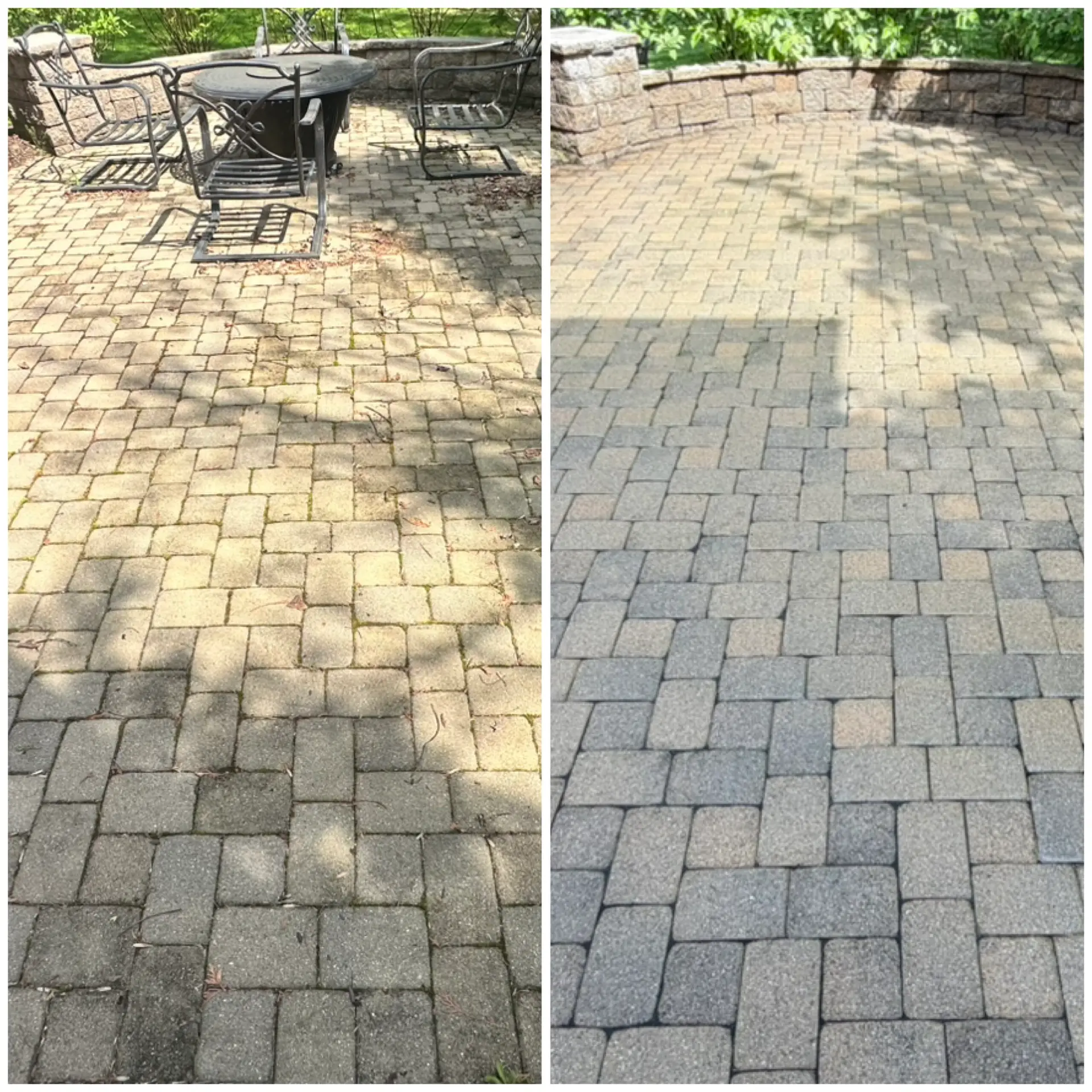 Paver Cleaning Before and after paver patio cleaning around a fire pit seating area in Fort Mitchell, KY