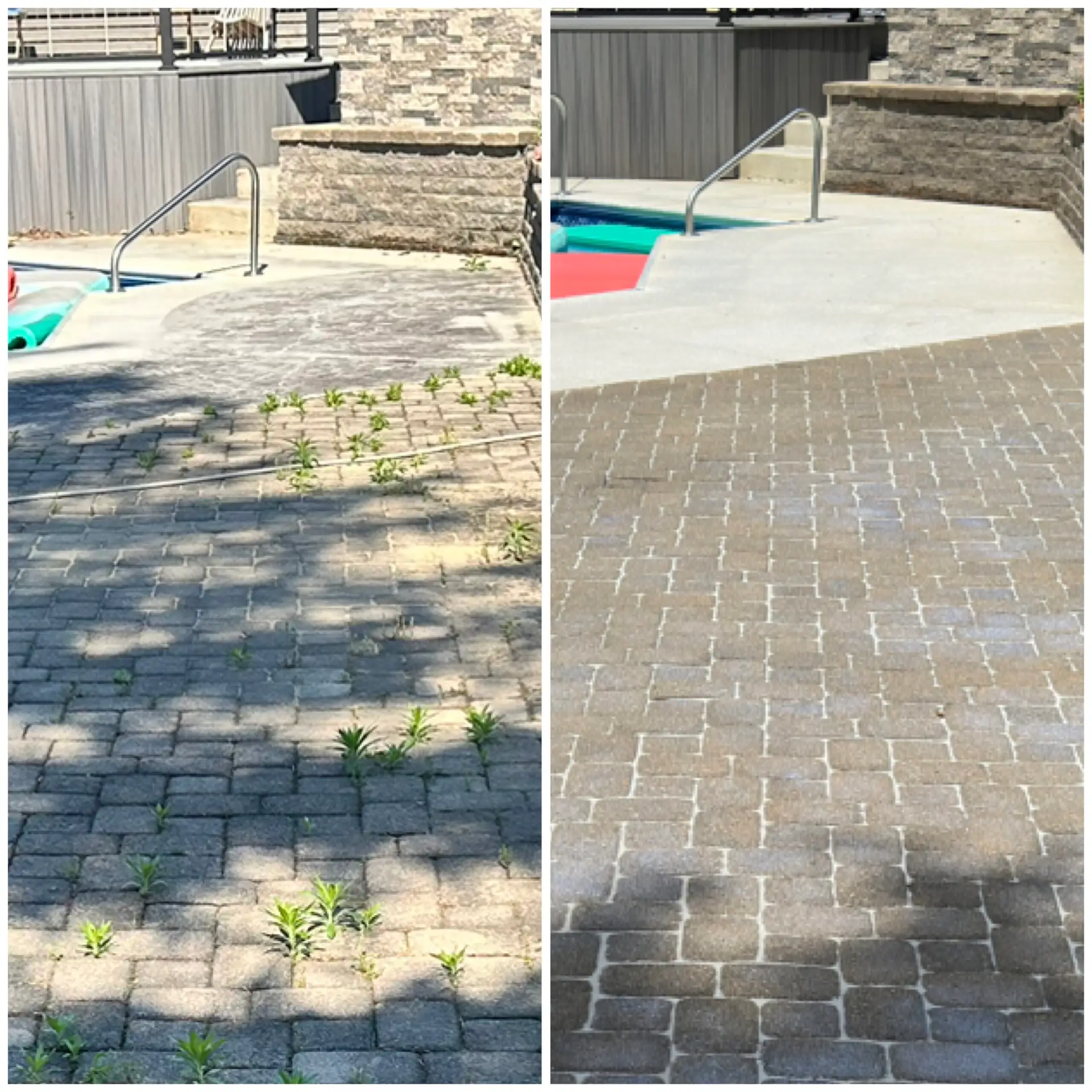 Paver Cleaning Before and after paver patio cleaning by a pool with weeds removed in Newport, KY