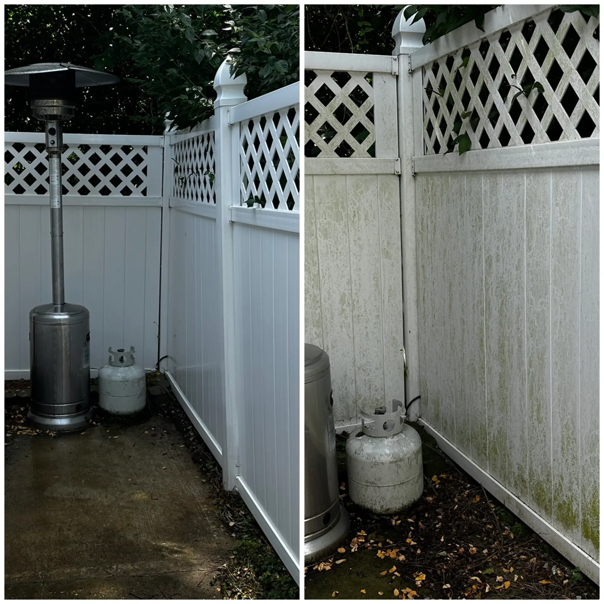Fence Cleaning Before and after vinyl fence cleaning removing green algae buildup in Springdale, OH