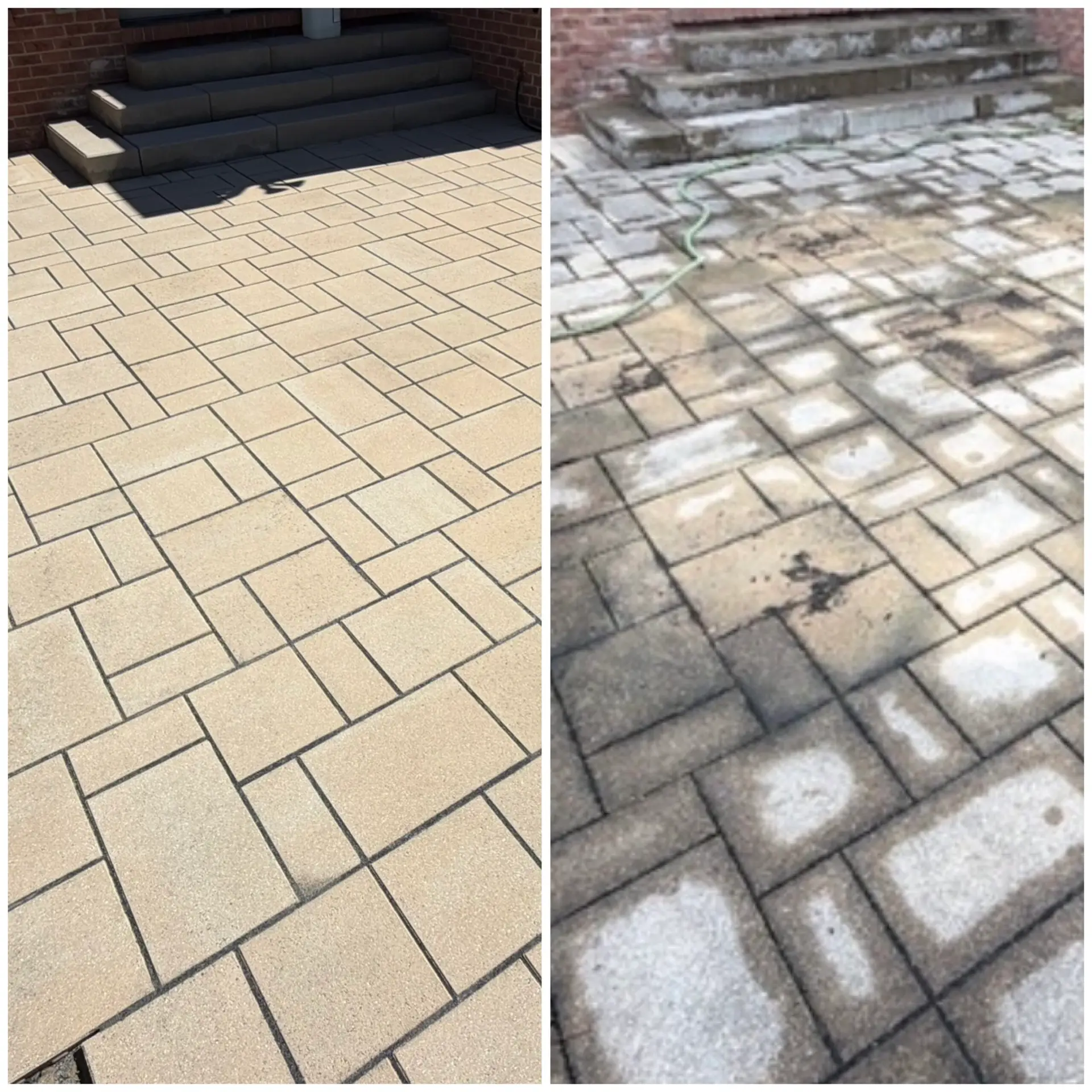 Paver Cleaning Before and after paver walkway cleaning leading to a front entrance in Madeira, OH