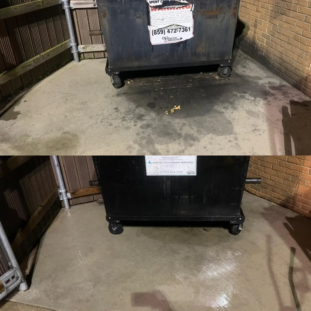 Commercial Pressure Washing Before and after commercial dumpster pad cleaning in Northern Kentucky