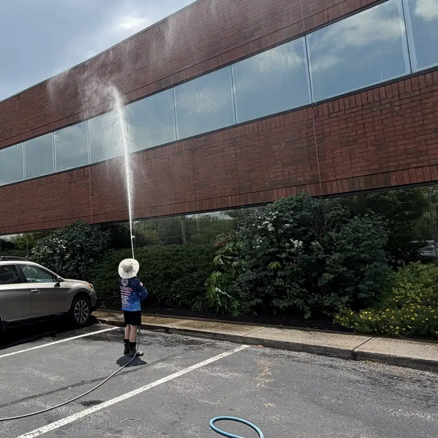 Commercial Pressure Washing Soft washing a commercial brick office building in Edgewood, KY