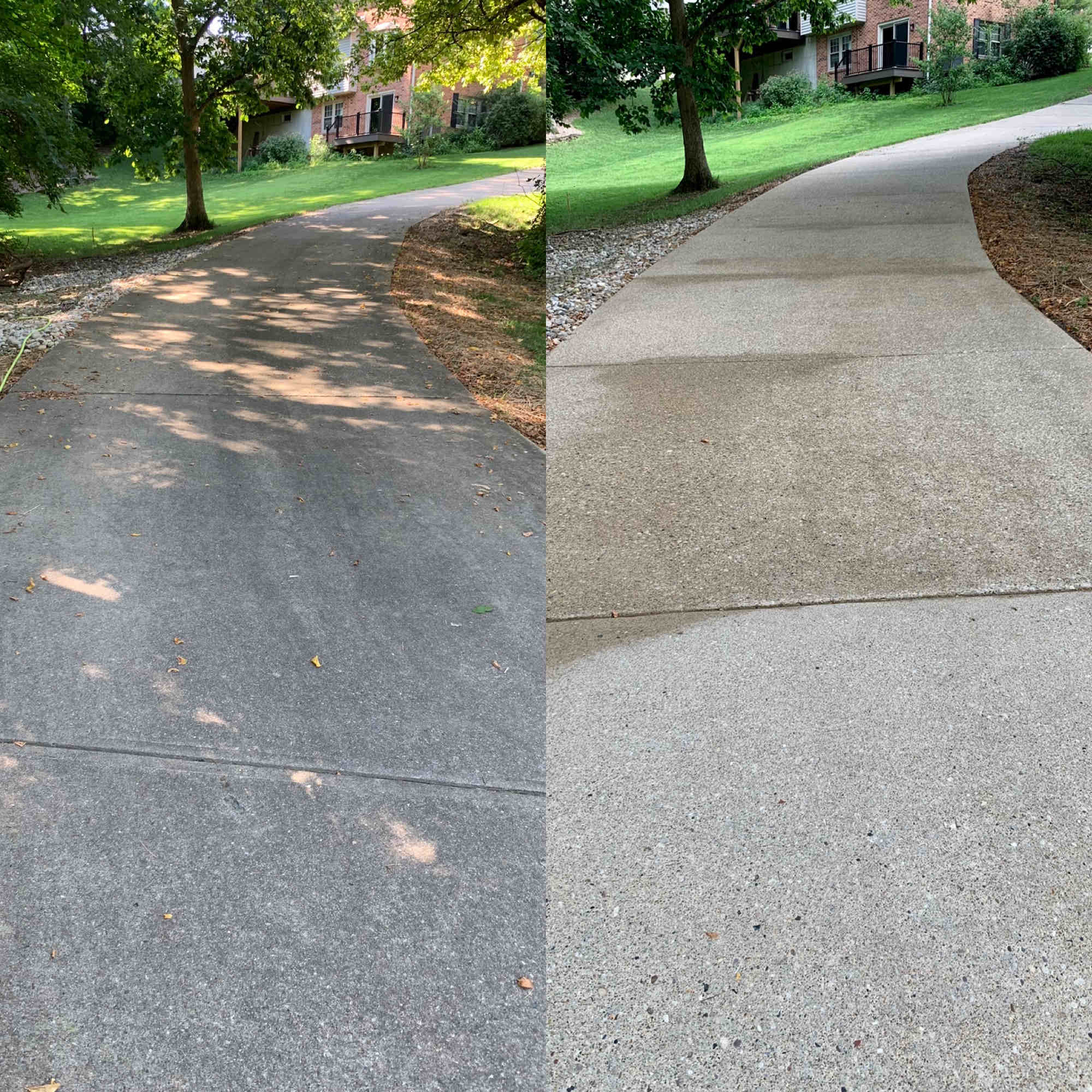 Concrete Cleaning Before and after concrete driveway cleaning on a winding driveway in Loveland, OH