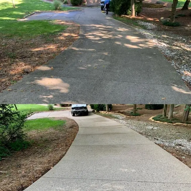 Before and after concrete driveway cleaning on a curved driveway in Union, KY
