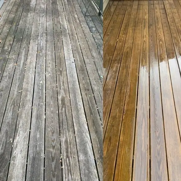 Deck Cleaning Before and after wood deck cleaning showing weathered boards restored to natural wood tone in Villa Hills, KY
