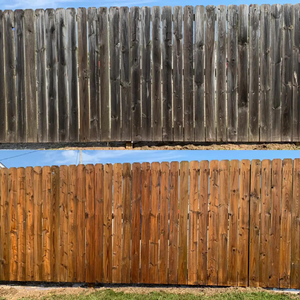 Before and after wood fence cleaning showing weathered wood restored to natural color in Florence, KY