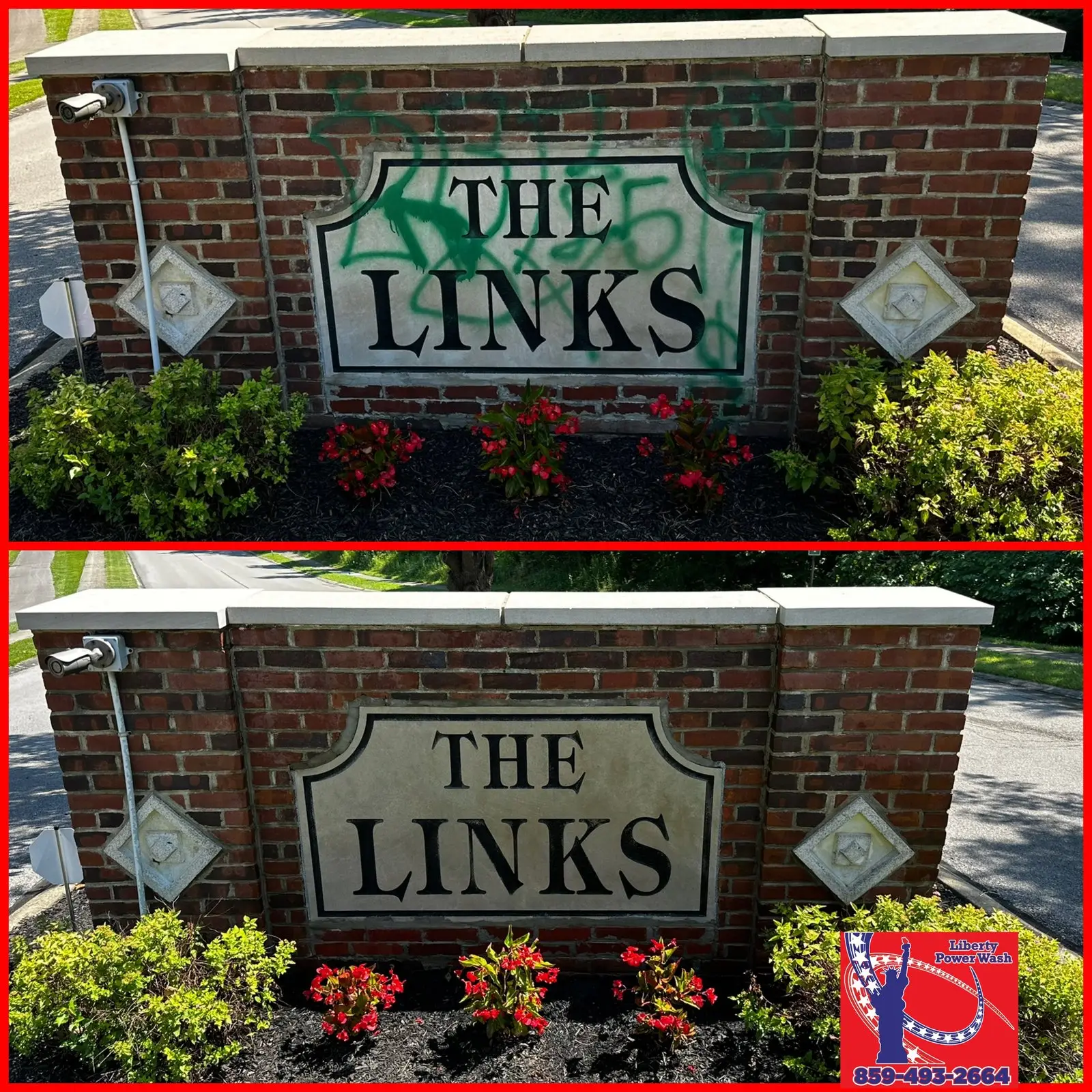House Washing Graffiti removal before and after on The Links neighborhood entrance sign in Crestview Hills, KY