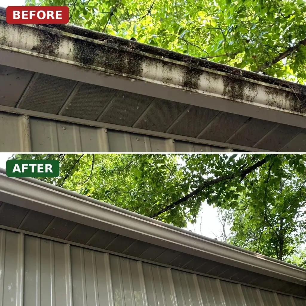 Before and after gutter brightening by Liberty Power Wash