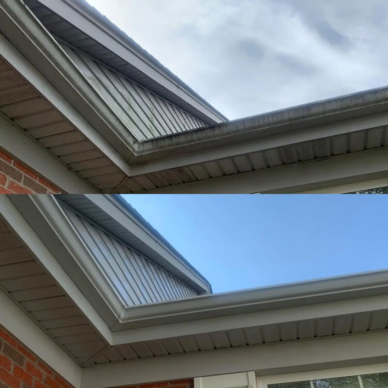 Gutter Cleaning Before and after gutter cleaning on a brick home in Northern Kentucky