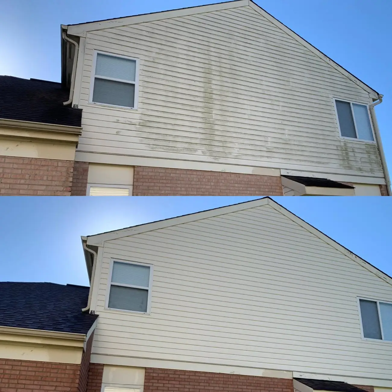 House Washing Before and after house washing on a brick and vinyl two-story home in Northern Kentucky