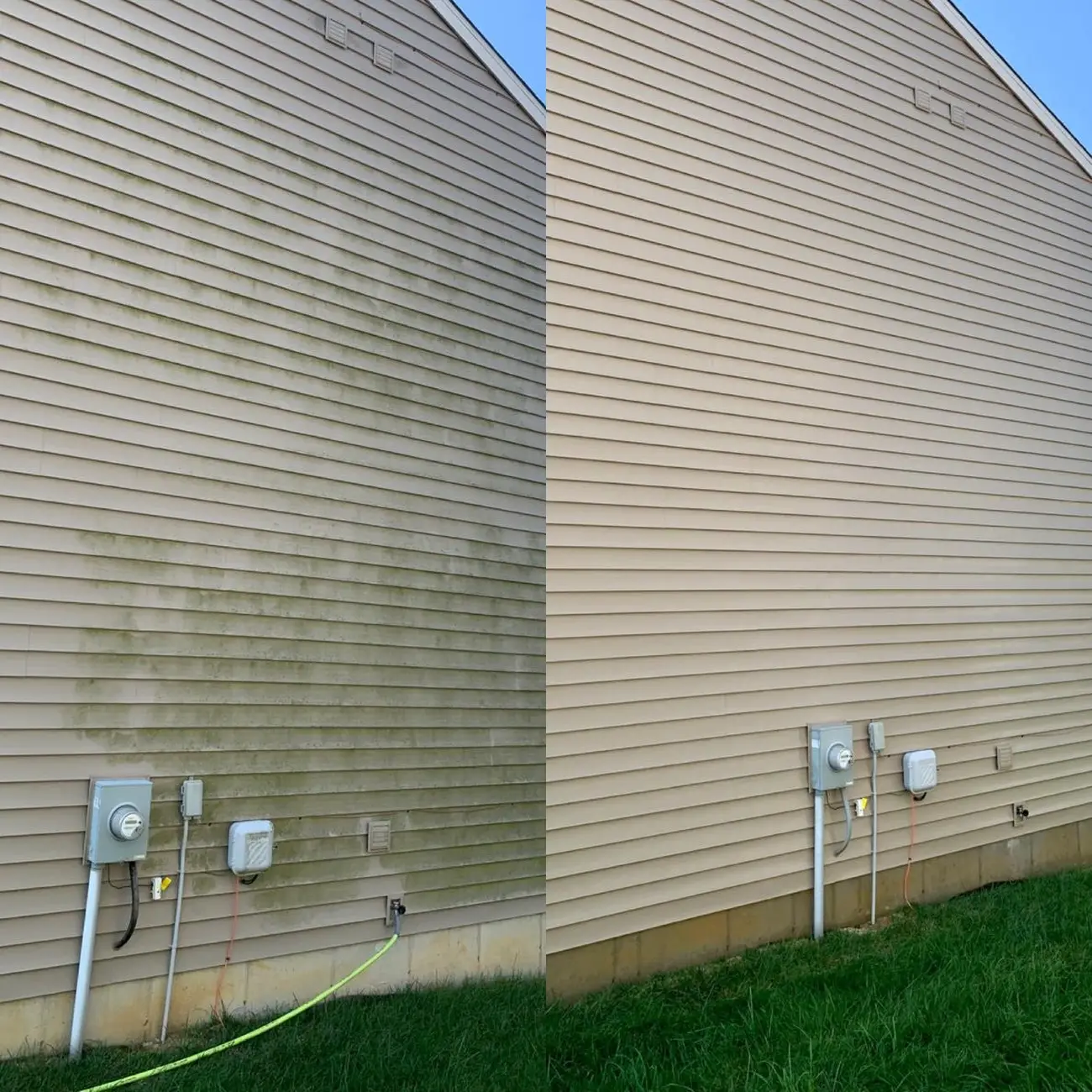 House Washing Before and after house washing of green algae on vinyl siding in Northern Kentucky