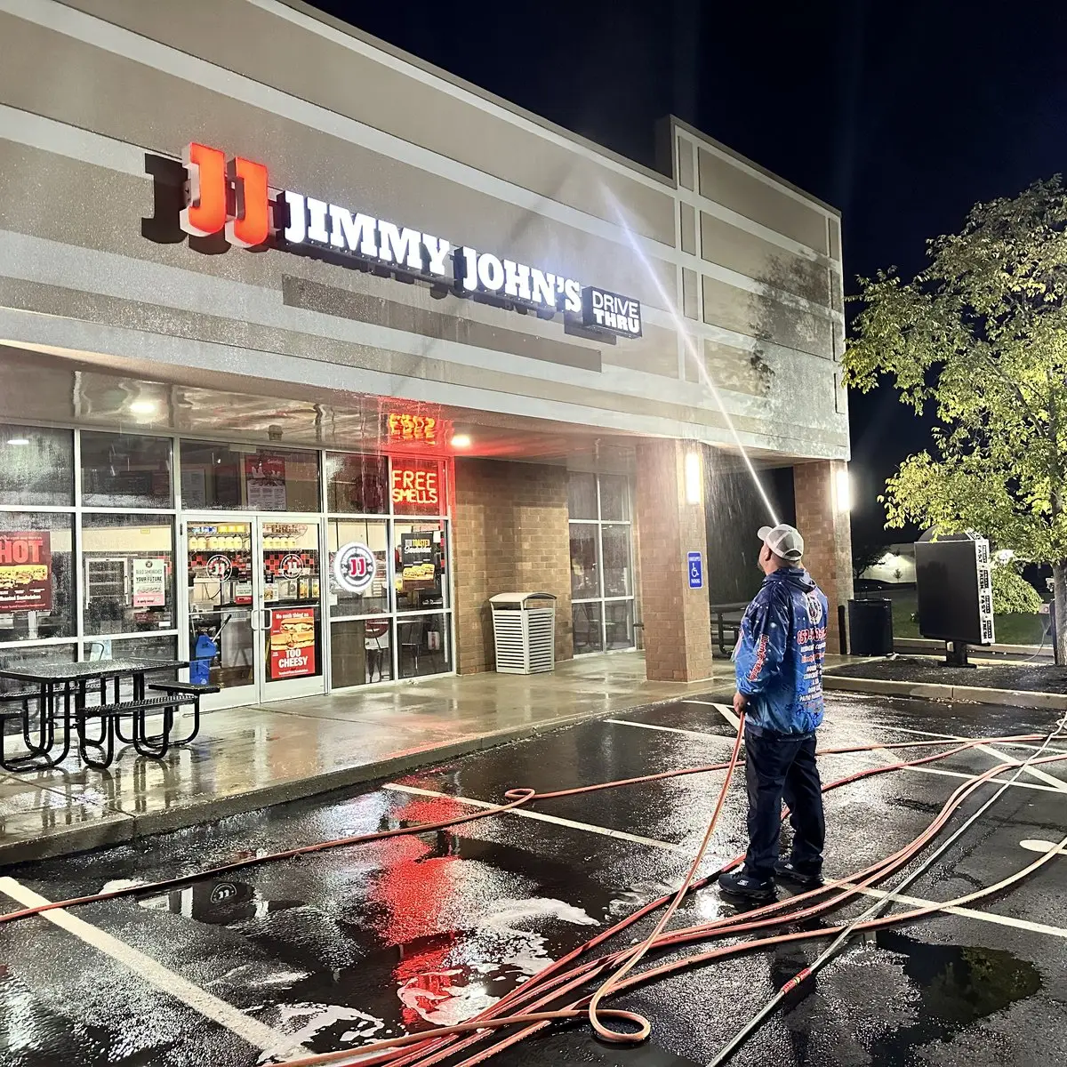 Commercial Pressure Washing Jimmy johns storefront pressure washing night in Hebron, KY