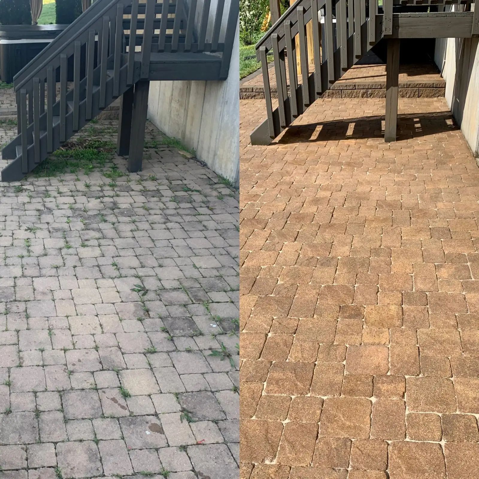 Paver Sealing Circular paver patio before and after cleaning and sealing in Florence, KY