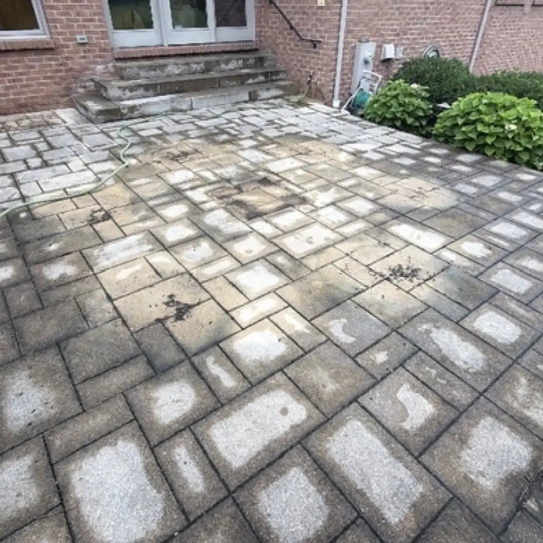 Paver Sealing Dirty stained paver patio before cleaning in Crescent Springs, KY