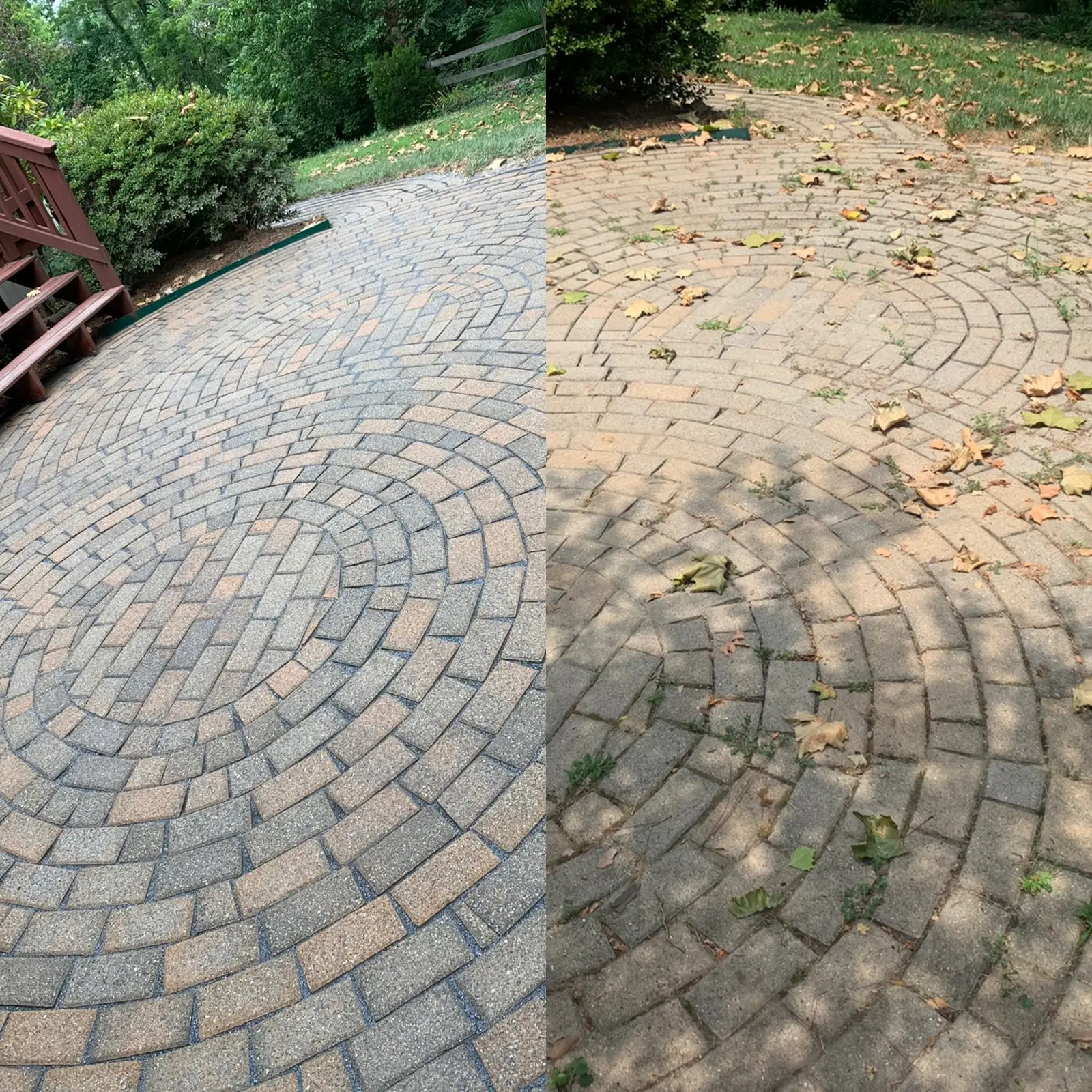 Paver Sealing Paver patio under a deck before and after cleaning and sealing showing weed removal and color restored in Springdale, OH