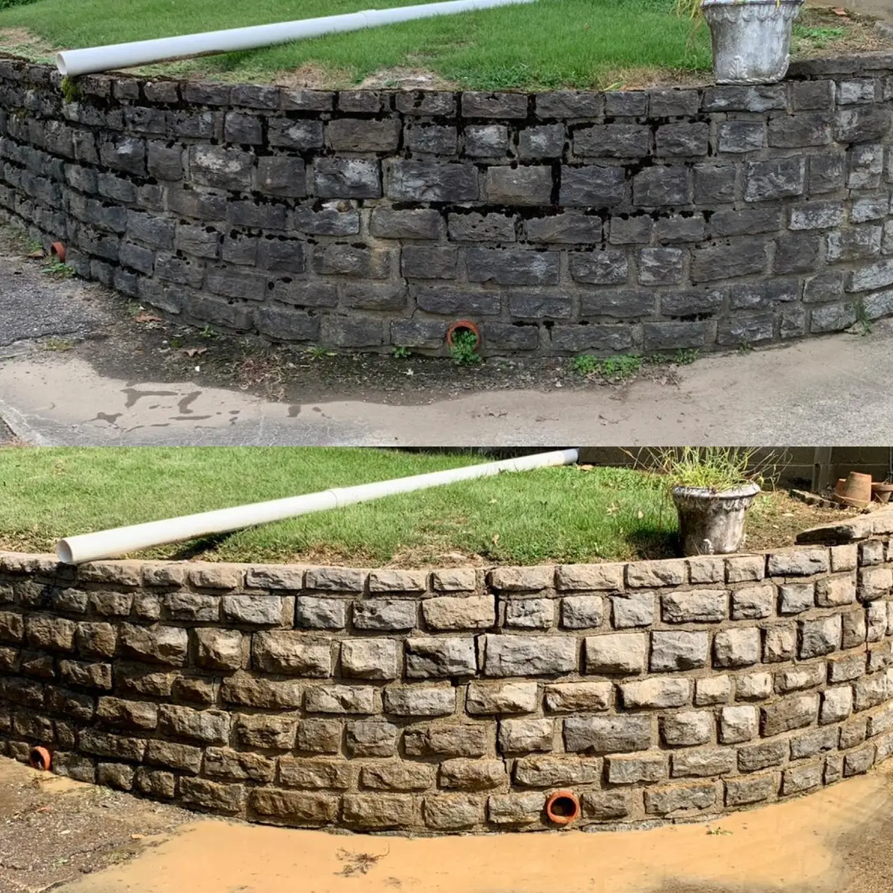 Power Washing Before and after power washing a stone retaining wall in Northern Kentucky