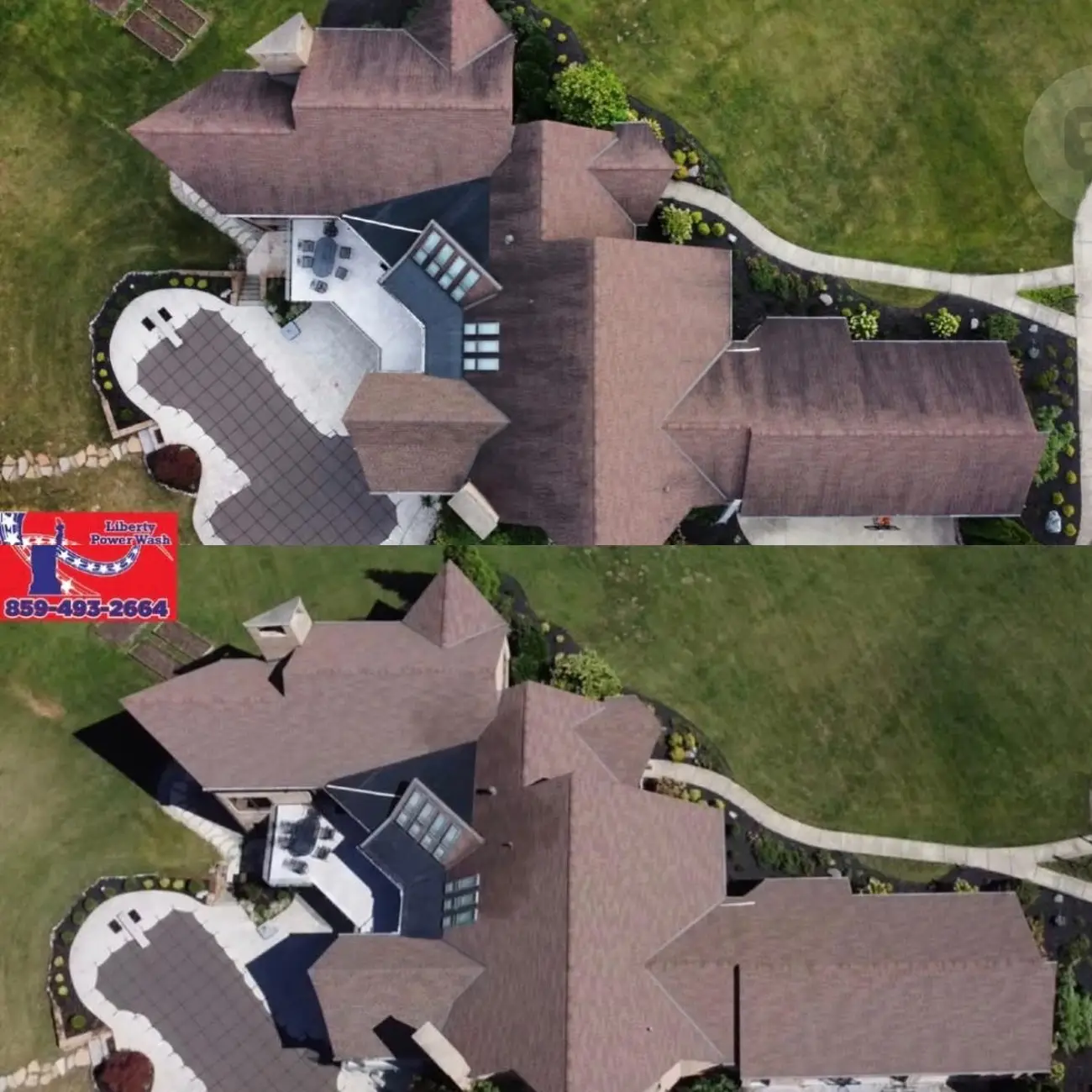 Roof Cleaning Drone before and after of roof cleaning on a brown shingle home in Northern Kentucky