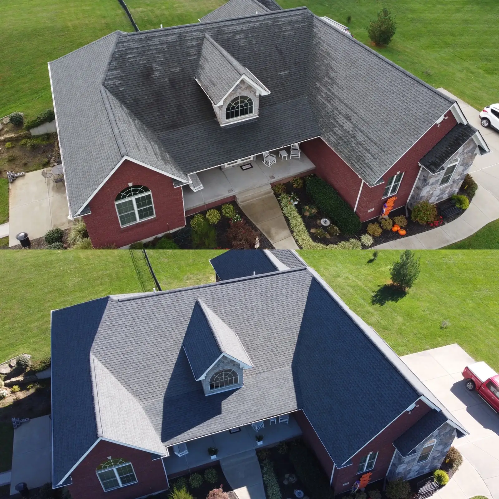 Roof cleaning before and after on a brick home in Burlington, KY