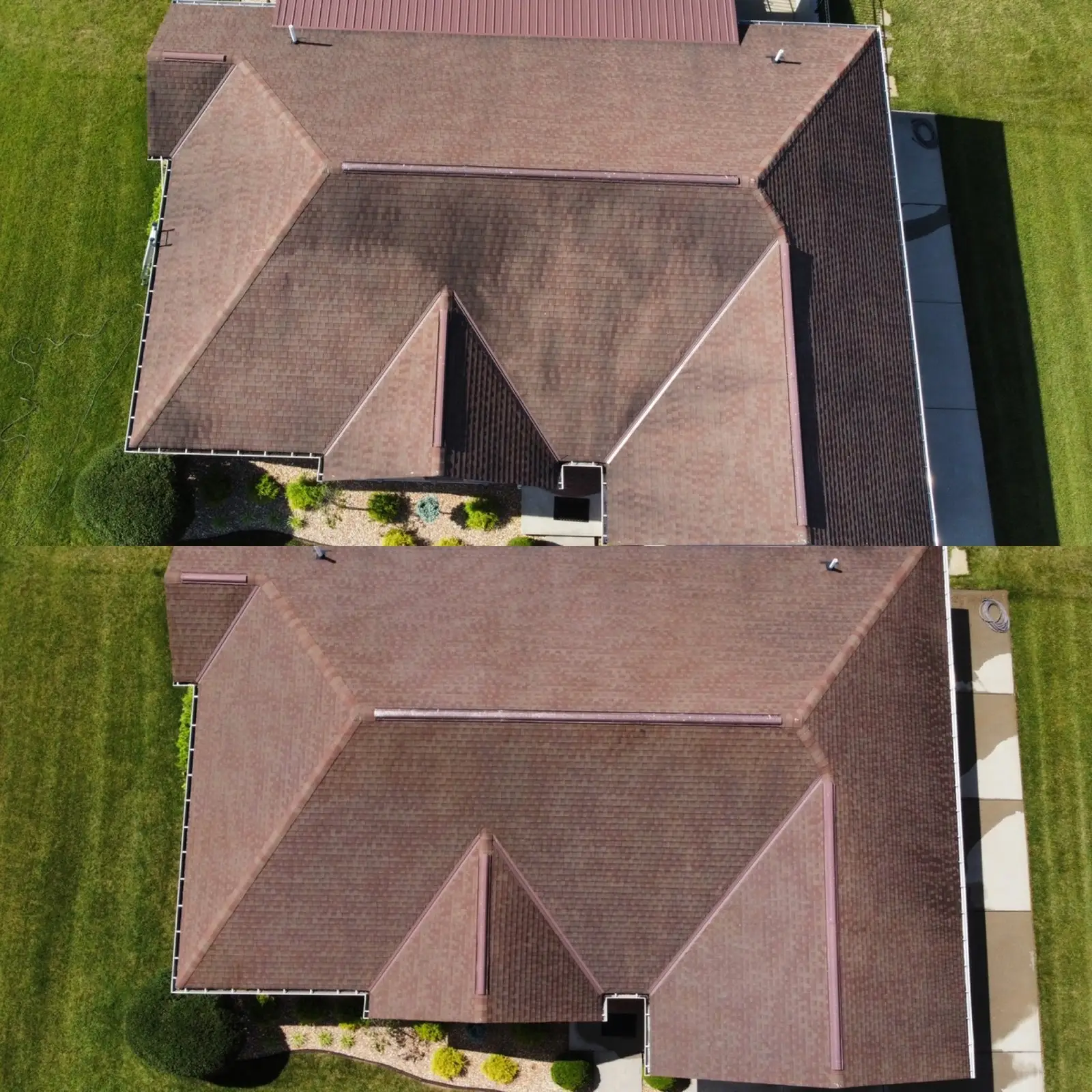 Roof Cleaning Roof cleaning before and after on brown shingles, drone view, in Union, KY