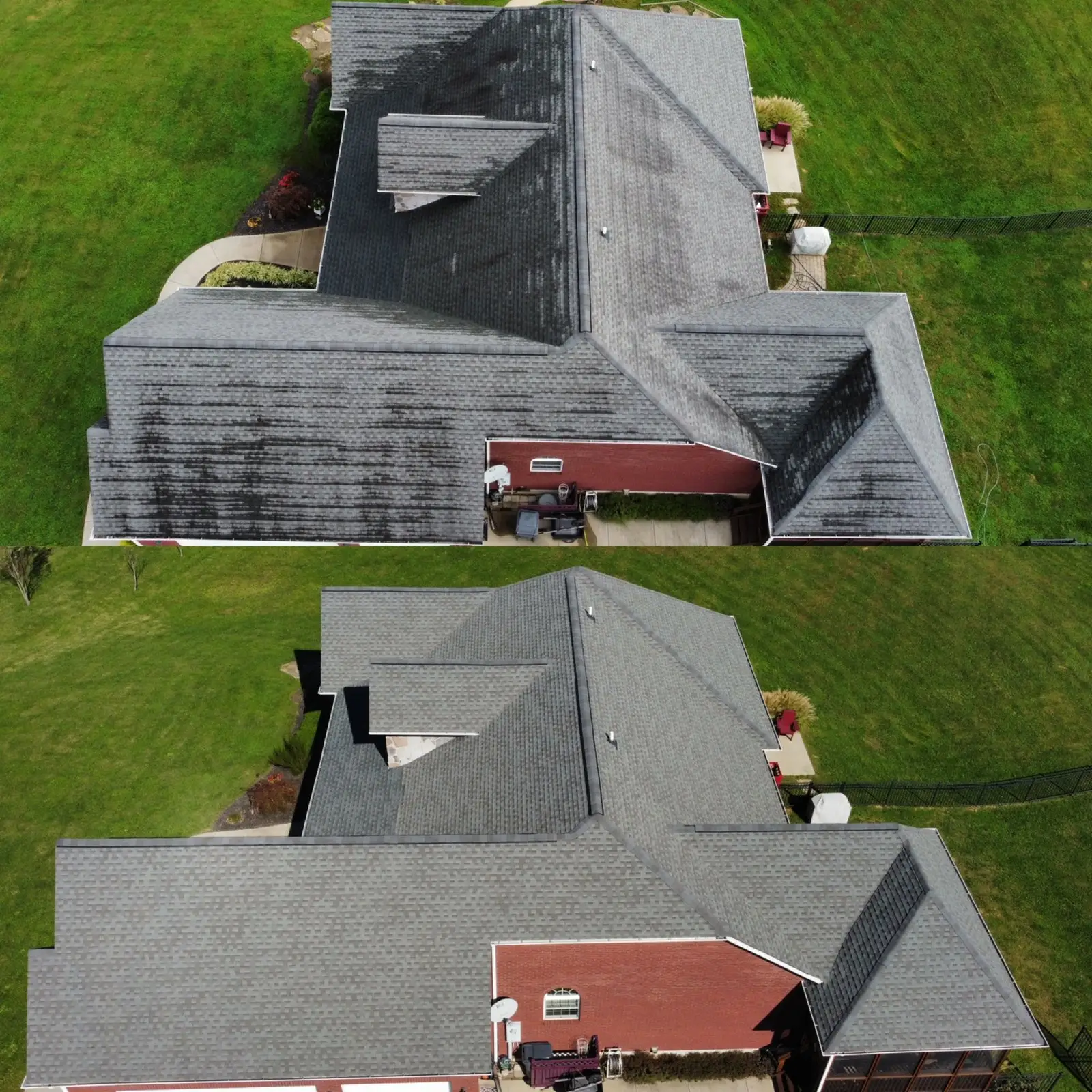 Soft wash roof cleaning before and after, drone view, in Florence, KY
