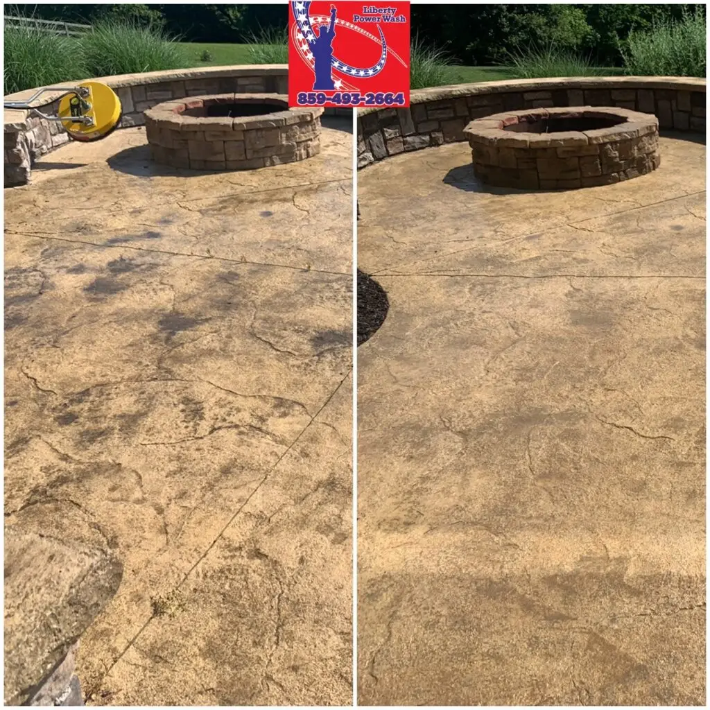 Stamped concrete patio with fire pit, before and after cleaning in Norwood, OH