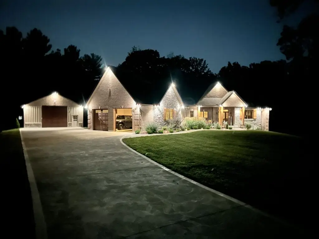 Christmas Lighting Permanent lighting used as security lighting, soft downlights over the driveway and entry